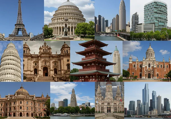 Collage of diverse global landmarks and architectural styles.