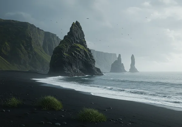Rugged coastline with a distinctive sea stack on an overcast day
