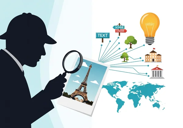 Detective analyzing a photo with highlighted landmarks on a map
