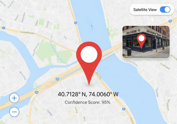 Interactive map displaying photo location with coordinates.
