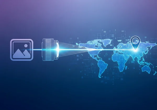 Abstract visualization of a photo connecting to a world map