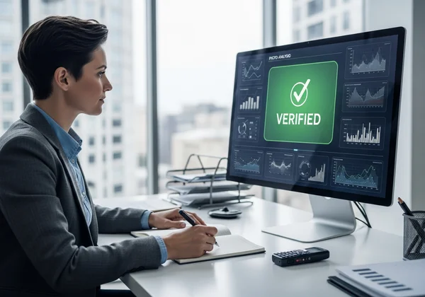 Journalist confidently using verification tool